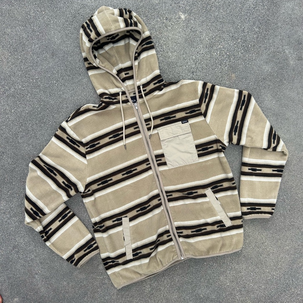 RVCA Striped Beige and Black Zip-Up Hoodie